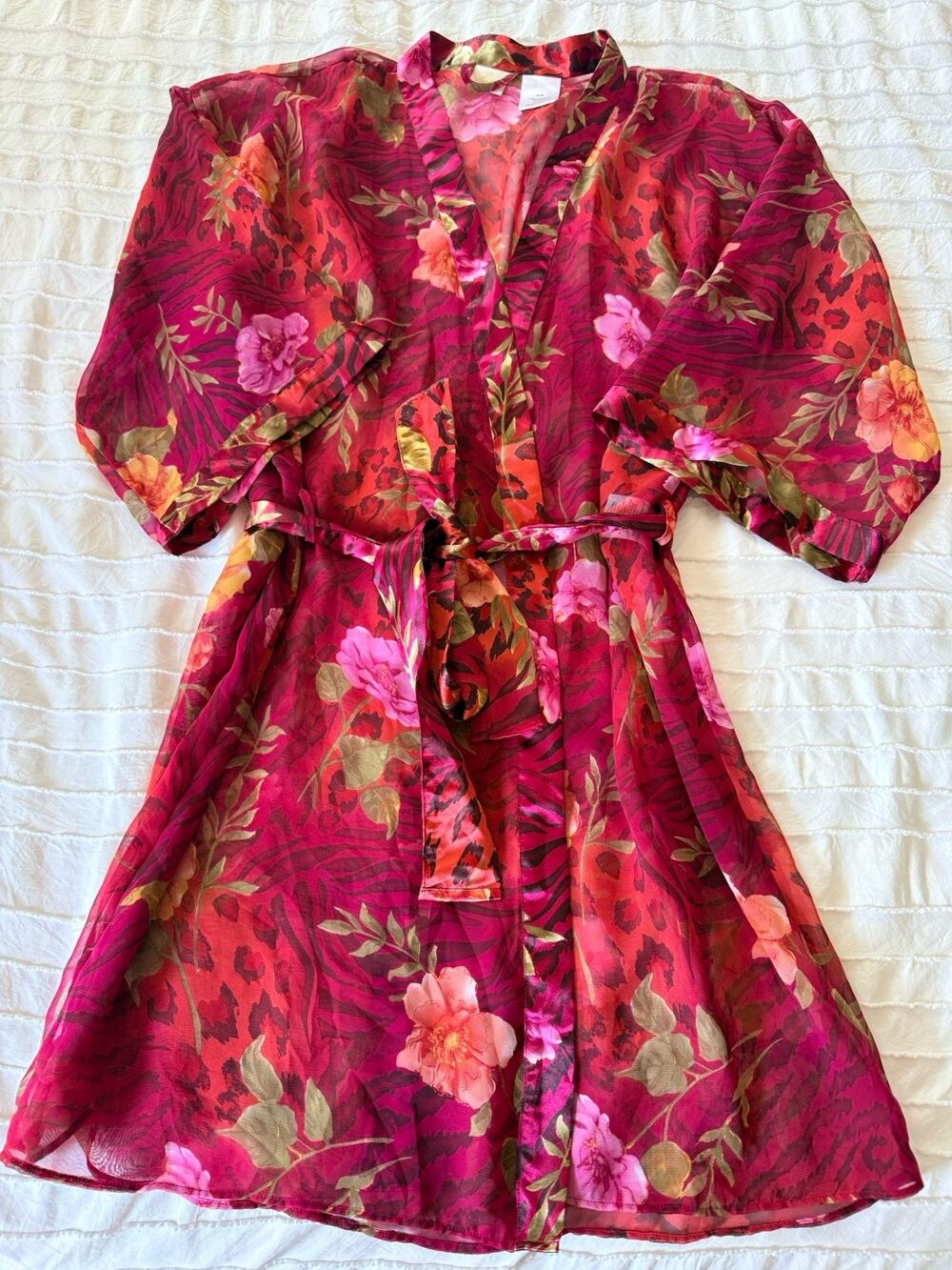 Sophia by delicates Women's M Floral Chiffon Kimono Robe Tie Belt 3/4 Sleeve
